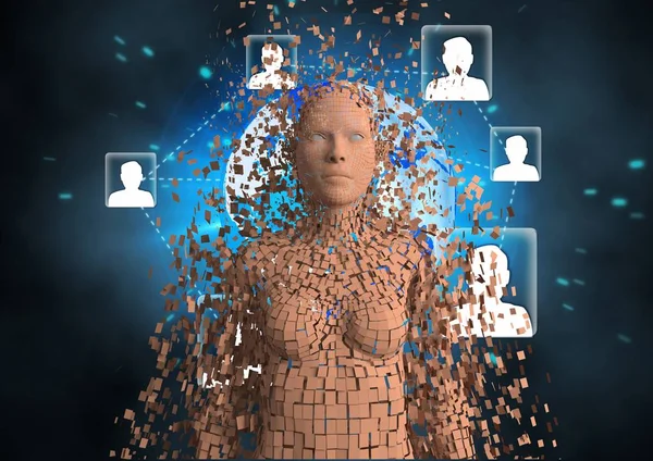 Digitaal gegenereerde afbeelding van 3d menselijke met netwerken van symbolen — Stockfoto