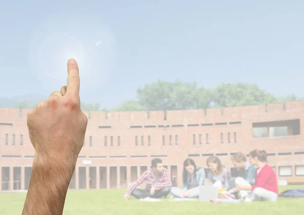 Hand touching  air with college students — Stock Photo, Image