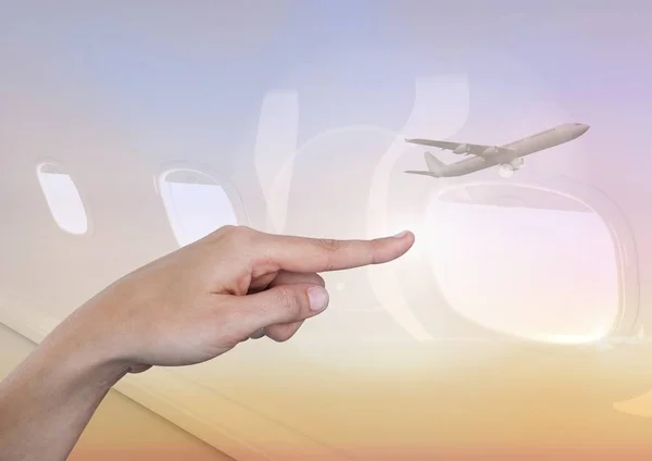 飛行機と空の空気で指している手 — ストック写真