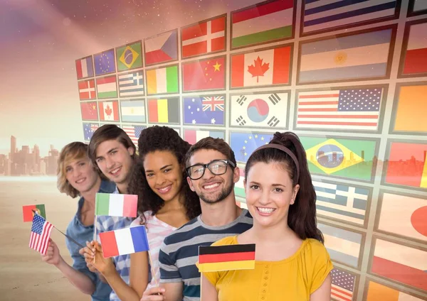 Panel with flags near the city. Students with flags — Stock Photo, Image