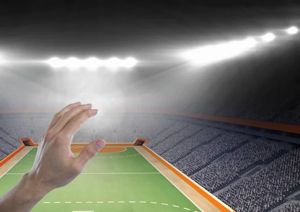 Hand touching  air with handball stadium — Stock Photo, Image