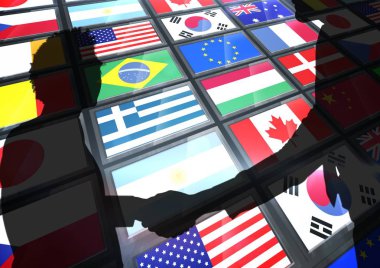 Bayraklar, iki adam birbirlerini el sallayarak paneliyle