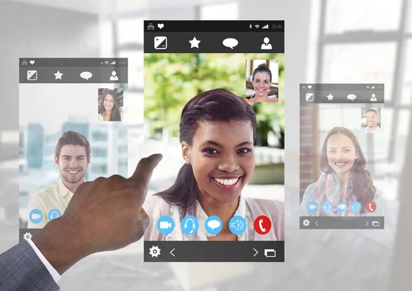 数位合成的手抚摸着社会视频聊天应用程序接口 — 图库照片