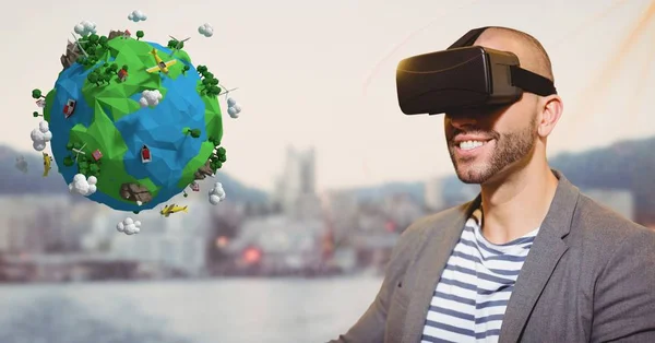 Smiling man looking at low poly on VR glasses — Stock Photo, Image