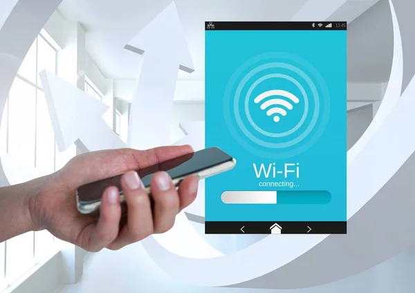 Ręka trzyma telefon komórkowy i Wi-Fi aplikacja interfejs — Zdjęcie stockowe