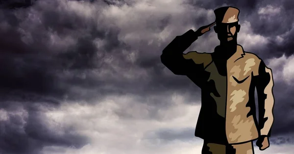 Cartoon soldaat die tegen de storm wolken — Stockfoto