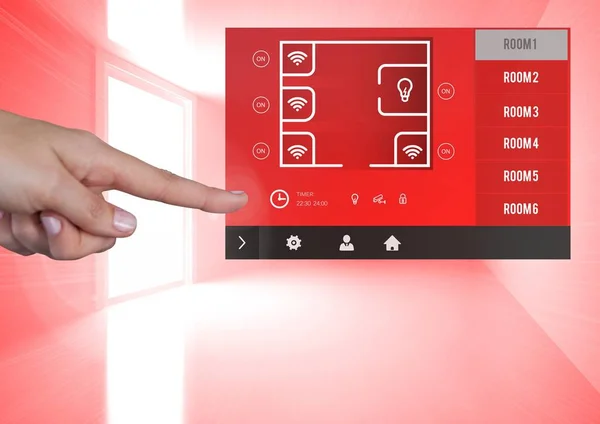 Berührung einer App-Schnittstelle für Hausautomation mit der Hand — Stockfoto