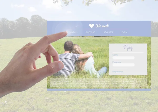 Ręką dotykając randki interfejs aplikacji — Zdjęcie stockowe