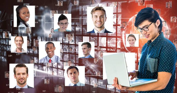 Цифровые комиксы бизнесмена с ноутбуком на фоне портретов
