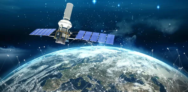 Satelit modern 3d alimentat cu energie solară — Fotografie, imagine de stoc