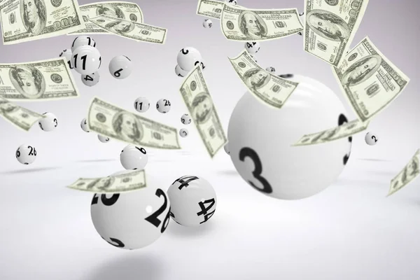Lot of money throwing in the air and lottery balls — Stock Photo, Image