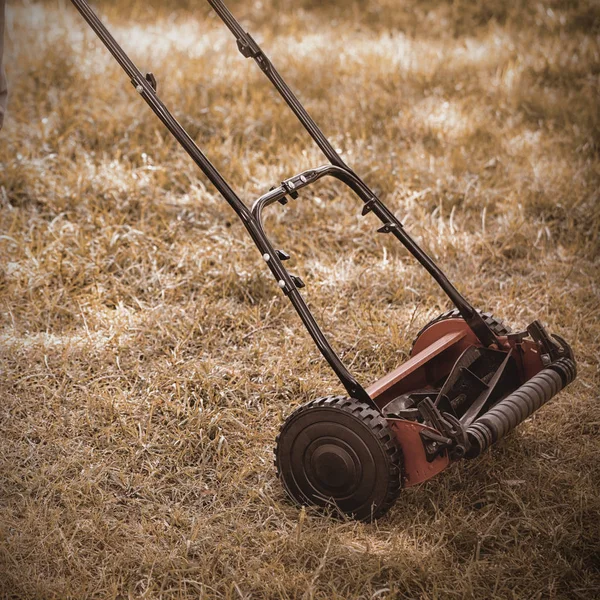Mann mit Rasenmäher auf Gras — Stockfoto