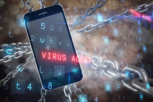Virus attaccare il telefono digitale con catene in background flare — Foto Stock