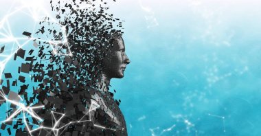 Siyah erkek AI karşı beyaz ağ ve mavi ve beyaz arka plan