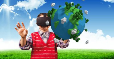 Arkasında bir 3d sanal gözlüklü çocuk toprak gökyüzü arka plan ile