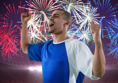 yeme içme, futbol oyuncusu arkasında havai fişek