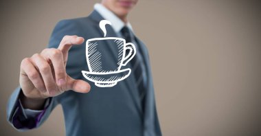 İş adamı bölüm beyaz kahve ile orta parmak arasında doodle