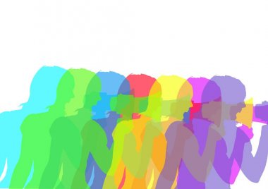 Megafon siluetleri yoğun renklerde olan kadın. Beyaz arka plan