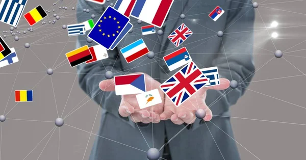 Midsection of business person surrounded with various flags and connecting dots — Stock Photo, Image