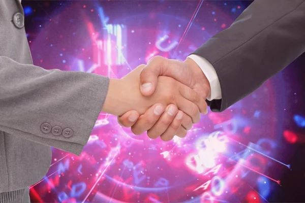 未来派背景的两个商人之间的握手 — 图库照片