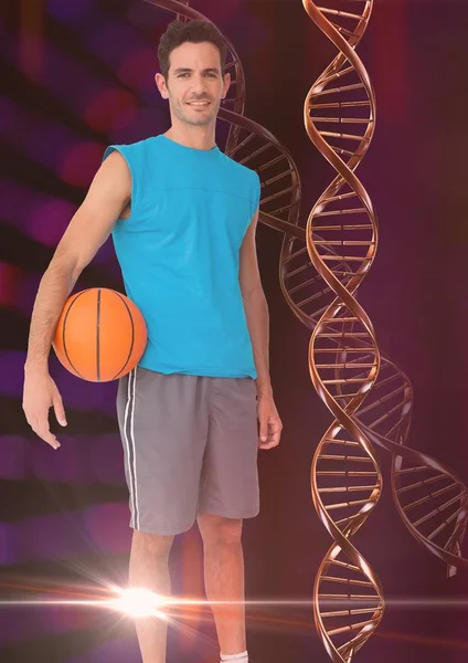 Pallacanestro uomo con catena di DNA rosso, sfondo luci — Foto Stock