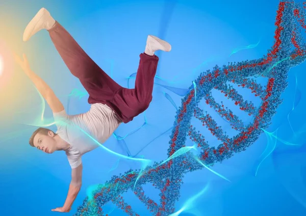 Dansçı ile mavi bir arka plan ve mavi ve turuncu ışıklar mavi ve kırmızı dna zinciri