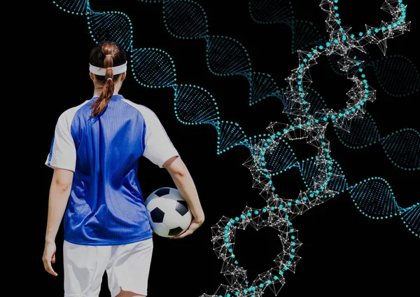 soccer woman with technological dna chains. Black background
