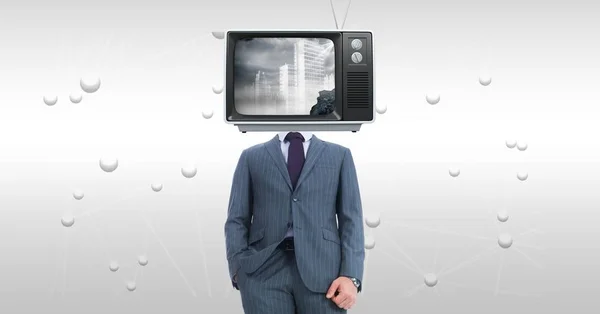 Empresário com TV no rosto em pé contra fundo abstrato — Fotografia de Stock