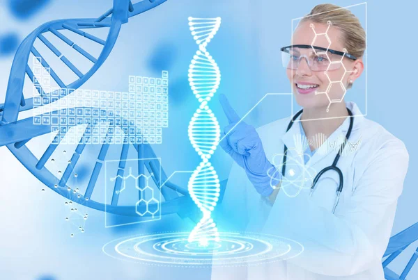 Медицинские модели в очках и белом халате на фоне ДНК графики — стоковое фото
