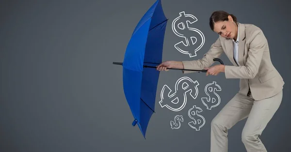 Business woman with umbrella gathering money graphics against grey background — Stock Photo, Image