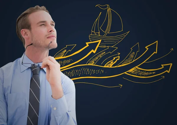 Hombre de negocios pensando en contra de barco amarillo garabato y fondo marino — Foto de Stock