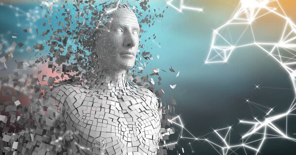 Белая сеть и белый мужской AI на размытом синем и красном фоне
