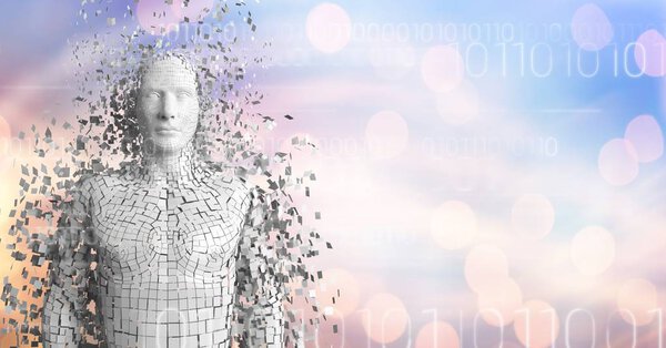 Белый двоичный код и белый искусственный интеллект против синего оранжевого боке
