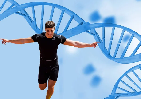 Runner with blue dna chain background — Stock Photo, Image
