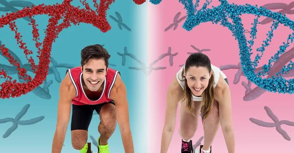 Runner woman and runner man with dna chains, pink and blue background — Stock Photo, Image