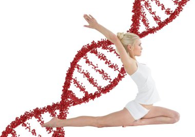 kadının arkasında kırmızı dna zinciri ile germe yapması