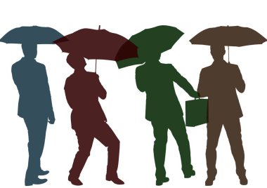 Koyu renklerde şemsiye siluetleri ile iş adamı. Beyaz arka plan