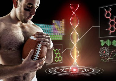 onun arkasında fütüristik dna zinciri ile rugby oyuncusu. Siyah arka plan