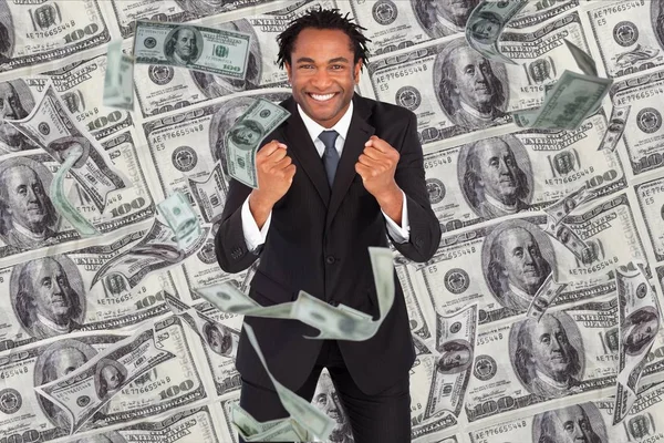 Business models is capturing his demonstration against dollar background — Stock Photo, Image