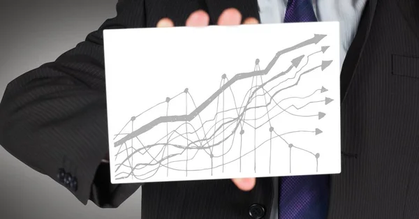 Homem de negócios seção média com cartão mostrando gráfico cinza contra fundo cinza — Fotografia de Stock