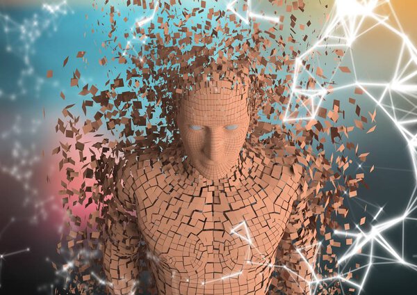 White network and orange male AI against blurry blue and red background