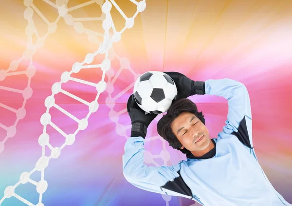 Voetbalspeler met de witte achtergrond van dna ketting en kleuren — Stockfoto