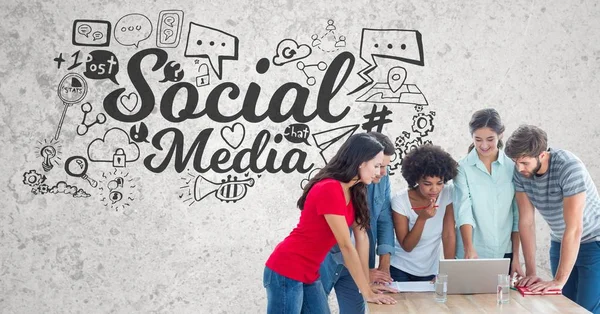 Young people working on laptop with table and glasses of water standing — Stock Photo, Image