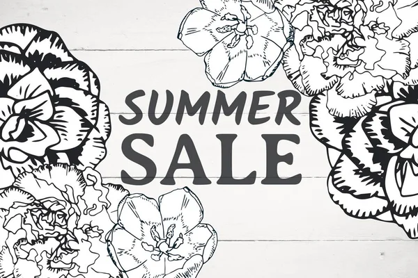 Lato sprzedaż tekst i grafikę biały kwiat przeciwko biały panel drewna — Zdjęcie stockowe