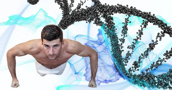 Man  doing felixing exercise with grey dna chain and blue lights — Stock Photo, Image