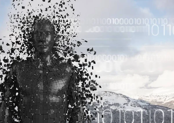 Siyah erkek AI ve karlı dağ başında karşı beyaz ikili kod — Stok fotoğraf