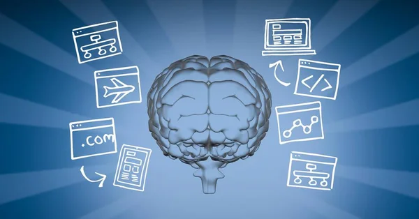 Immagine digitale del cervello circondato da vari simboli sullo sfondo blu — Foto Stock
