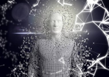 Beyaz ağ ve beyaz erkek AI karşı koyu arka plan ve flare