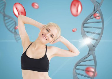 dna zinciri ve mavi arka plan ile kafa eliyle mutlu sportif kadın
