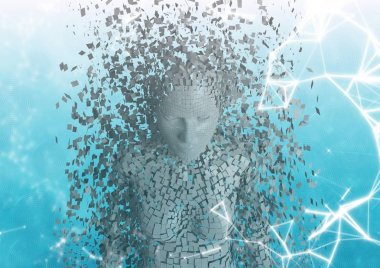 Beyaz kadın AI karşı beyaz ağ ve mavi ve beyaz arka plan